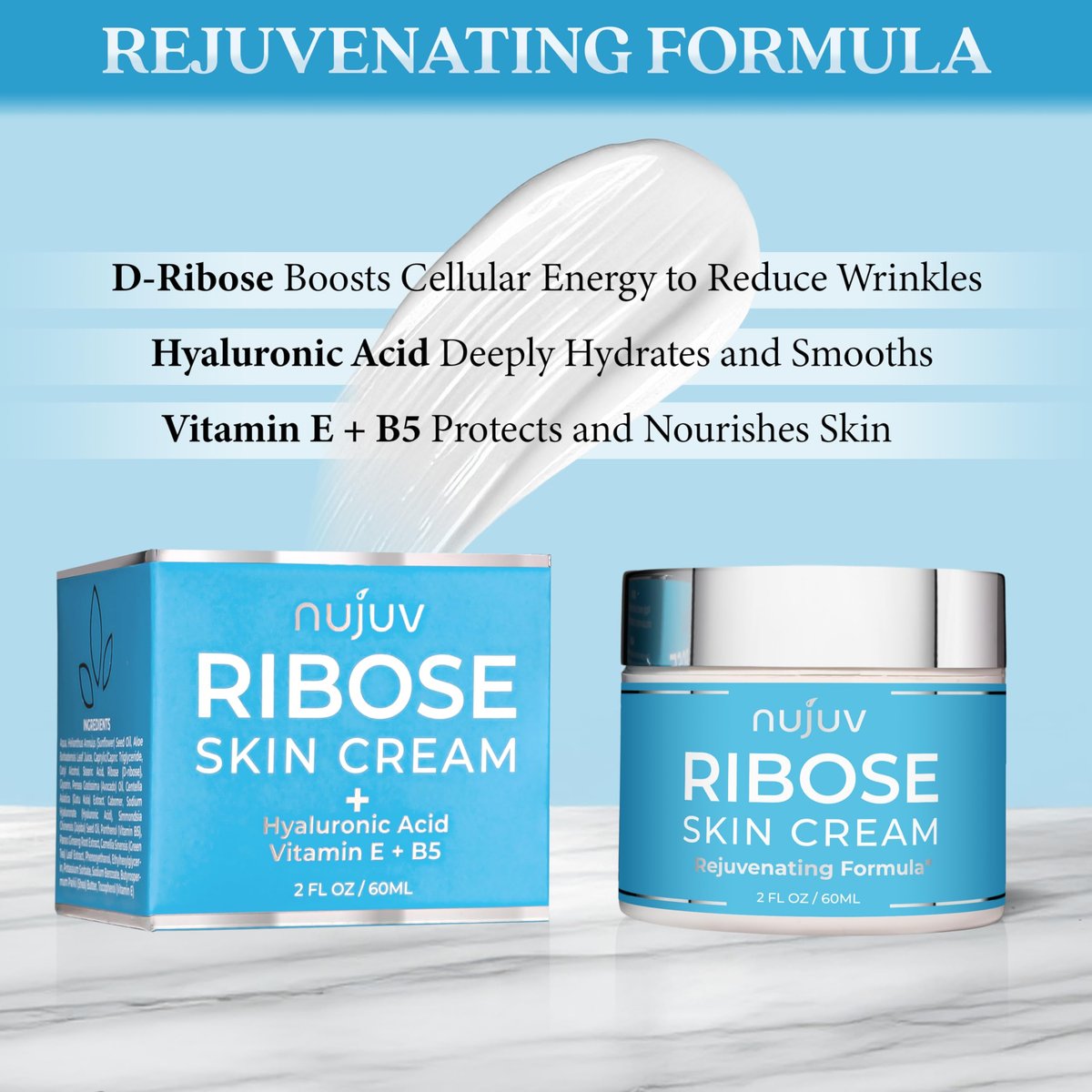 nuJuv Ribose Anti-Aging Cream - D-Ribose, Hyaluronic Acid, Vitamin E & B5 - Firming & Lifting Moisturizer for Day & Night - Made in USA - 2 oz Avelisse