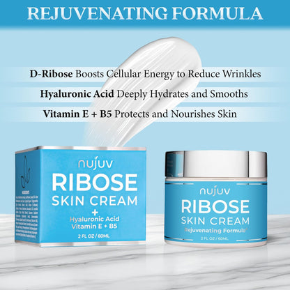 nuJuv Ribose Anti-Aging Cream - D-Ribose, Hyaluronic Acid, Vitamin E & B5 - Firming & Lifting Moisturizer for Day & Night - Made in USA - 2 oz Avelisse