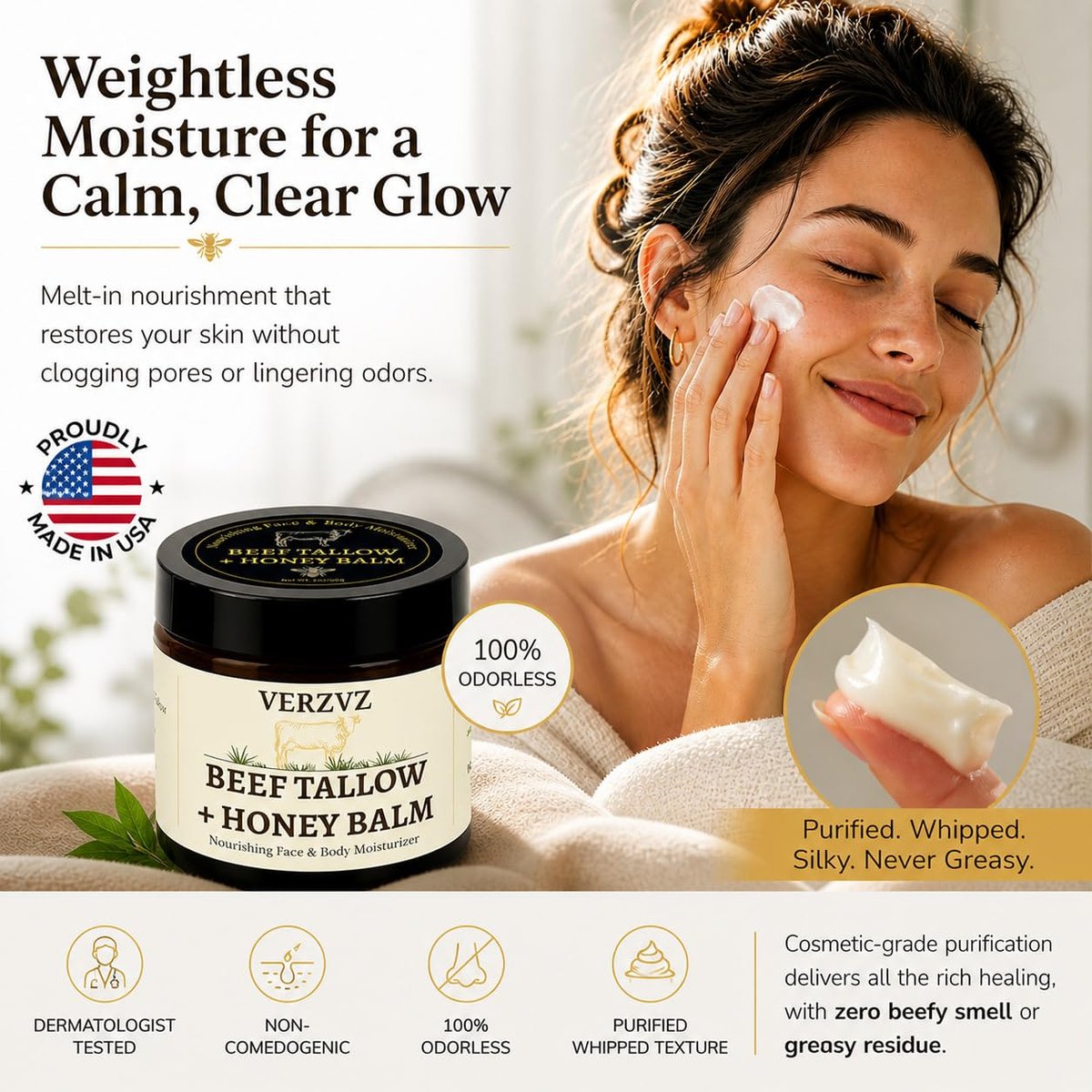 Beef Tallow for Skin and Face – Tallow and Honey Balm Moisturizer, 100% Grass-Fed Beef Tallow with Raw Organic Honey, Beeswax, Olive Oil & Vitamin E – Deep Hydration – Proudly Made in USA – 2oz Avelisse
