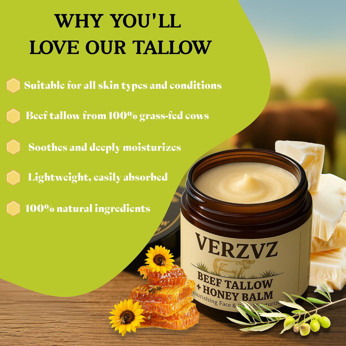 Beef Tallow for Skin and Face – Tallow and Honey Balm Moisturizer, 100% Grass-Fed Beef Tallow with Raw Organic Honey, Beeswax, Olive Oil & Vitamin E – Deep Hydration – Proudly Made in USA – 2oz Avelisse