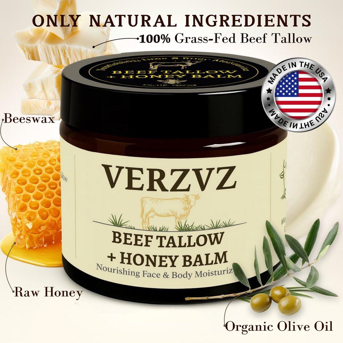 Beef Tallow for Skin and Face – Tallow and Honey Balm Moisturizer, 100% Grass-Fed Beef Tallow with Raw Organic Honey, Beeswax, Olive Oil & Vitamin E – Deep Hydration – Proudly Made in USA – 2oz Avelisse