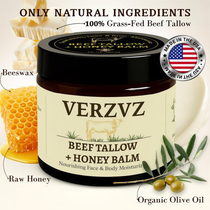 Beef Tallow for Skin and Face – Tallow and Honey Balm Moisturizer, 100% Grass-Fed Beef Tallow with Raw Organic Honey, Beeswax, Olive Oil & Vitamin E – Deep Hydration – Proudly Made in USA – 2oz Avelisse
