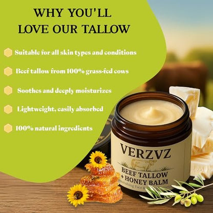 Beef Tallow for Skin and Face – Tallow and Honey Balm Moisturizer, 100% Grass-Fed Beef Tallow with Raw Organic Honey, Beeswax, Olive Oil & Vitamin E – Deep Hydration – Proudly Made in USA – 2oz Avelisse