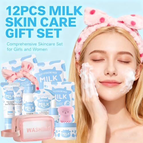 12PCS Milk Skin Care Set for Kids & Teens – 12-in-1 Moisturizing Skincare for Girls 10-12, Face Care Kit for Ages 8-12, Birthday Gifts for Girls, Teacher & Mother's Day Gift Avelisse