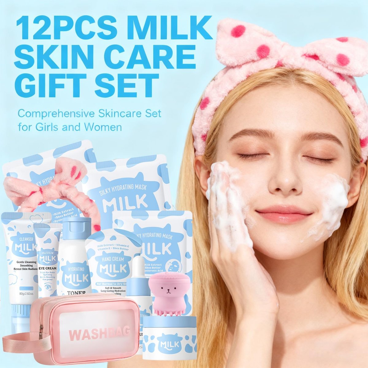 12PCS Milk Skin Care Set for Kids & Teens – 12-in-1 Moisturizing Skincare for Girls 10-12, Face Care Kit for Ages 8-12, Birthday Gifts for Girls, Teacher & Mother's Day Gift Avelisse
