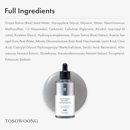 TOSOWOONG Black Rice Peeling Ampoule – 75% Black Rice Exfoliant, Dead Skin Remover, Face & Body Scrub, Blackheads & Pore Cleaner, Kojic Acid & Arbutin for Discoloration, Korean Skincare, 85ml / 2.87 fl. oz. Avelisse