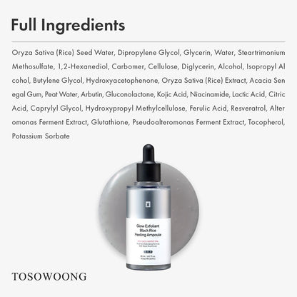 TOSOWOONG Black Rice Peeling Ampoule – 75% Black Rice Exfoliant, Dead Skin Remover, Face & Body Scrub, Blackheads & Pore Cleaner, Kojic Acid & Arbutin for Discoloration, Korean Skincare, 85ml / 2.87 fl. oz. Avelisse