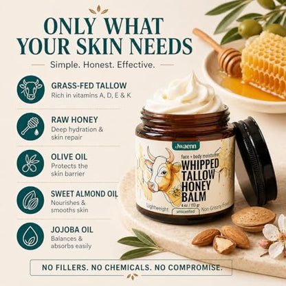 JWAENN Whipped Tallow and Honey Balm – Grass-Fed Beef Tallow Moisturizer for Face, Body, Dry & Sensitive Skin, Lightweight, Fast-Absorbing, Non-Greasy, 4 oz Avelisse
