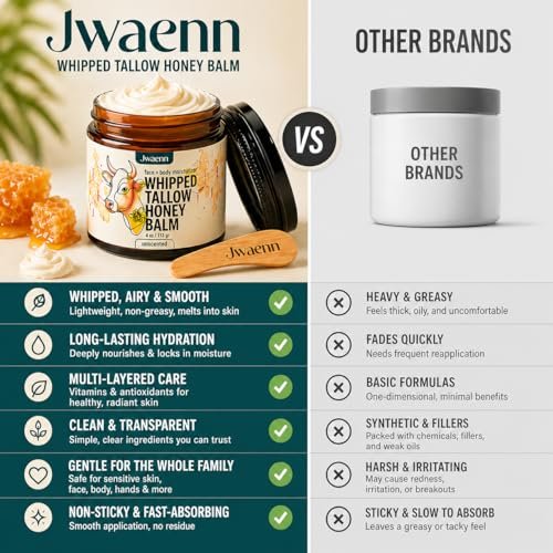 JWAENN Whipped Tallow and Honey Balm – Grass-Fed Beef Tallow Moisturizer for Face, Body, Dry & Sensitive Skin, Lightweight, Fast-Absorbing, Non-Greasy, 4 oz Avelisse