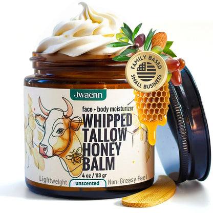 JWAENN Whipped Tallow and Honey Balm – Grass-Fed Beef Tallow Moisturizer for Face, Body, Dry & Sensitive Skin, Lightweight, Fast-Absorbing, Non-Greasy, 4 oz Avelisse