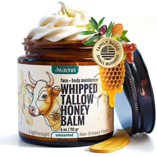 JWAENN Whipped Tallow and Honey Balm – Grass-Fed Beef Tallow Moisturizer for Face, Body, Dry & Sensitive Skin, Lightweight, Fast-Absorbing, Non-Greasy, 4 oz Avelisse
