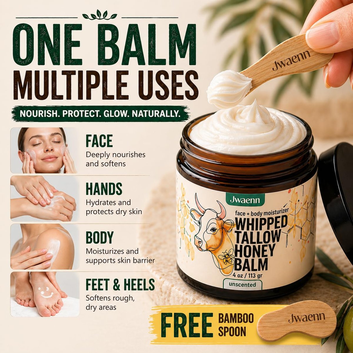 JWAENN Whipped Tallow and Honey Balm – Grass-Fed Beef Tallow Moisturizer for Face, Body, Dry & Sensitive Skin, Lightweight, Fast-Absorbing, Non-Greasy, 4 oz Avelisse