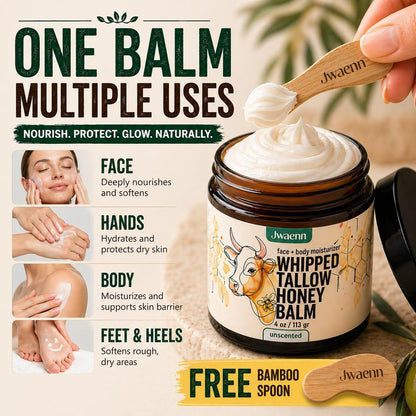 JWAENN Whipped Tallow and Honey Balm – Grass-Fed Beef Tallow Moisturizer for Face, Body, Dry & Sensitive Skin, Lightweight, Fast-Absorbing, Non-Greasy, 4 oz Avelisse