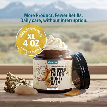JWAENN Whipped Tallow and Honey Balm – Grass-Fed Beef Tallow Moisturizer for Face, Body, Dry & Sensitive Skin, Lightweight, Fast-Absorbing, Non-Greasy, 4 oz Avelisse