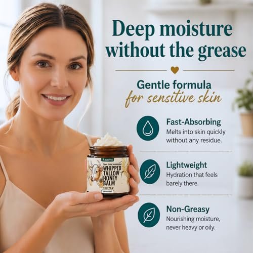 JWAENN Whipped Tallow and Honey Balm – Grass-Fed Beef Tallow Moisturizer for Face, Body, Dry & Sensitive Skin, Lightweight, Fast-Absorbing, Non-Greasy, 4 oz Avelisse