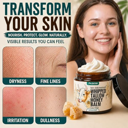 JWAENN Whipped Tallow and Honey Balm – Grass-Fed Beef Tallow Moisturizer for Face, Body, Dry & Sensitive Skin, Lightweight, Fast-Absorbing, Non-Greasy, 4 oz Avelisse