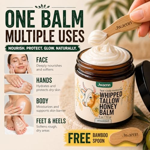 JWAENN Whipped Tallow and Honey Balm – Grass-Fed Beef Tallow Moisturizer for Face, Body, Dry & Sensitive Skin, Lightweight, Fast-Absorbing, Non-Greasy, 4 oz Avelisse