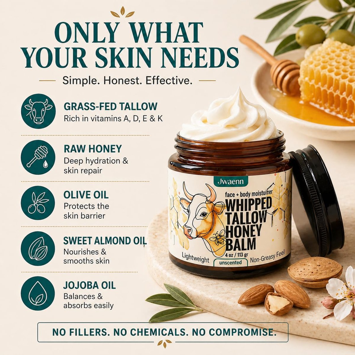 JWAENN Whipped Tallow and Honey Balm – Grass-Fed Beef Tallow Moisturizer for Face, Body, Dry & Sensitive Skin, Lightweight, Fast-Absorbing, Non-Greasy, 4 oz Avelisse