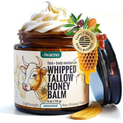JWAENN Whipped Tallow and Honey Balm – Grass-Fed Beef Tallow Moisturizer for Face, Body, Dry & Sensitive Skin, Lightweight, Fast-Absorbing, Non-Greasy, 4 oz Avelisse