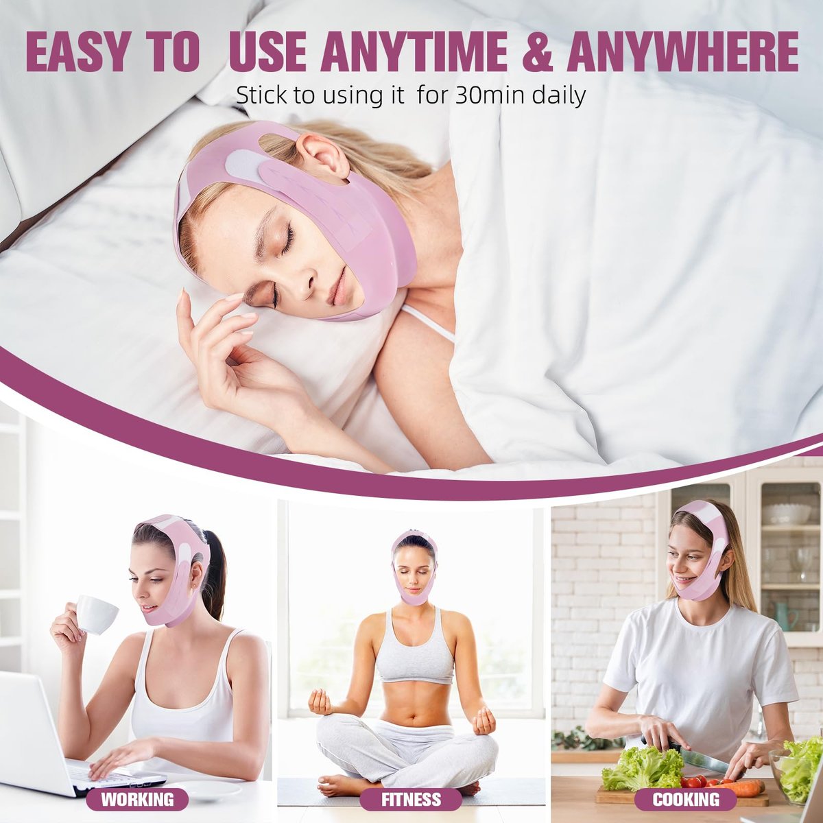 JenChrysm Chin Strap for Sleeping - 3D Graphene Jawline Shaper, Double Chin Reducer for Women - Lilac Avelisse