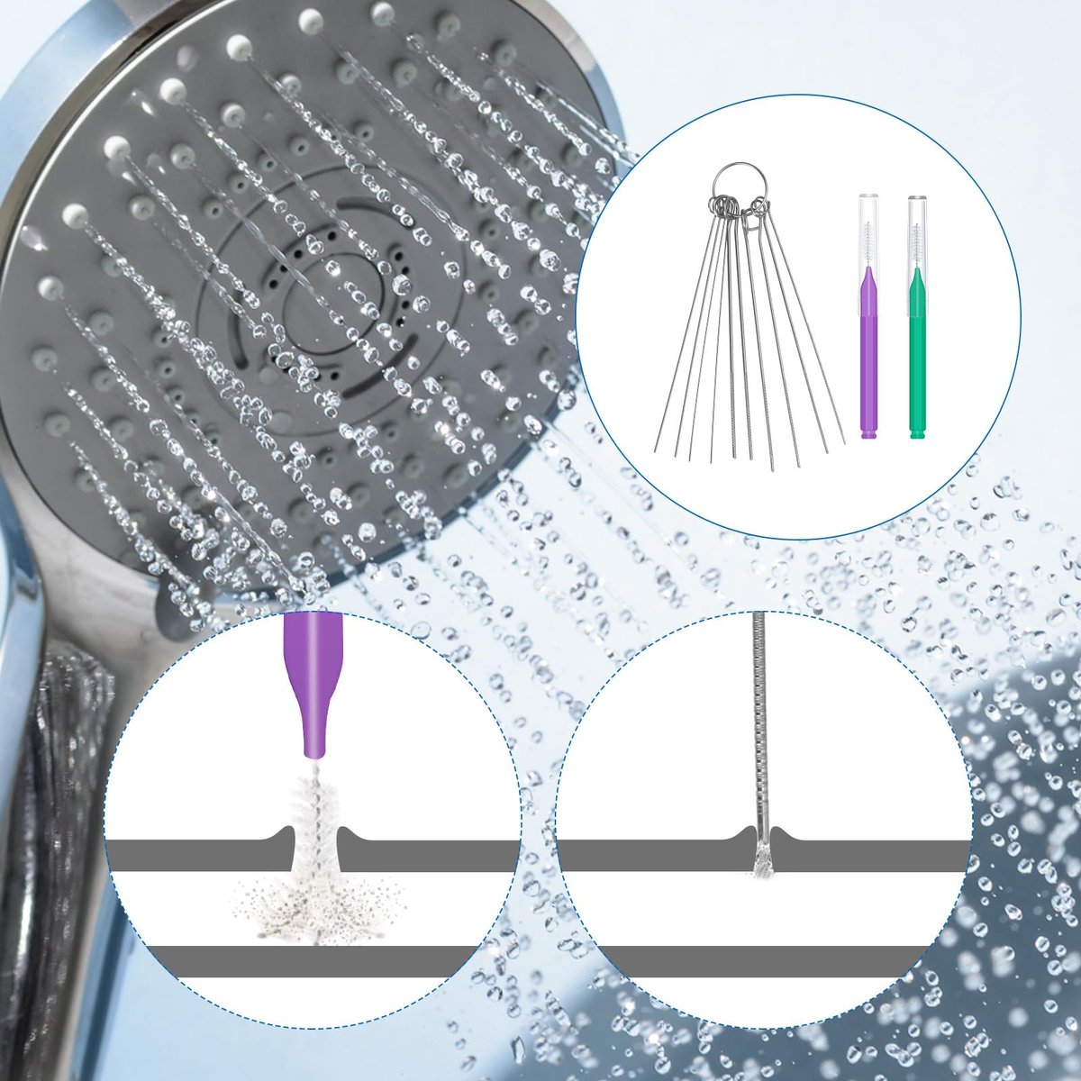 50pcs Multi-Size Shower Head Cleaner Brushes - Anti-Clogging Nozzle Cleaning Picks for Bathroom (Green, Purple) - görsel 11