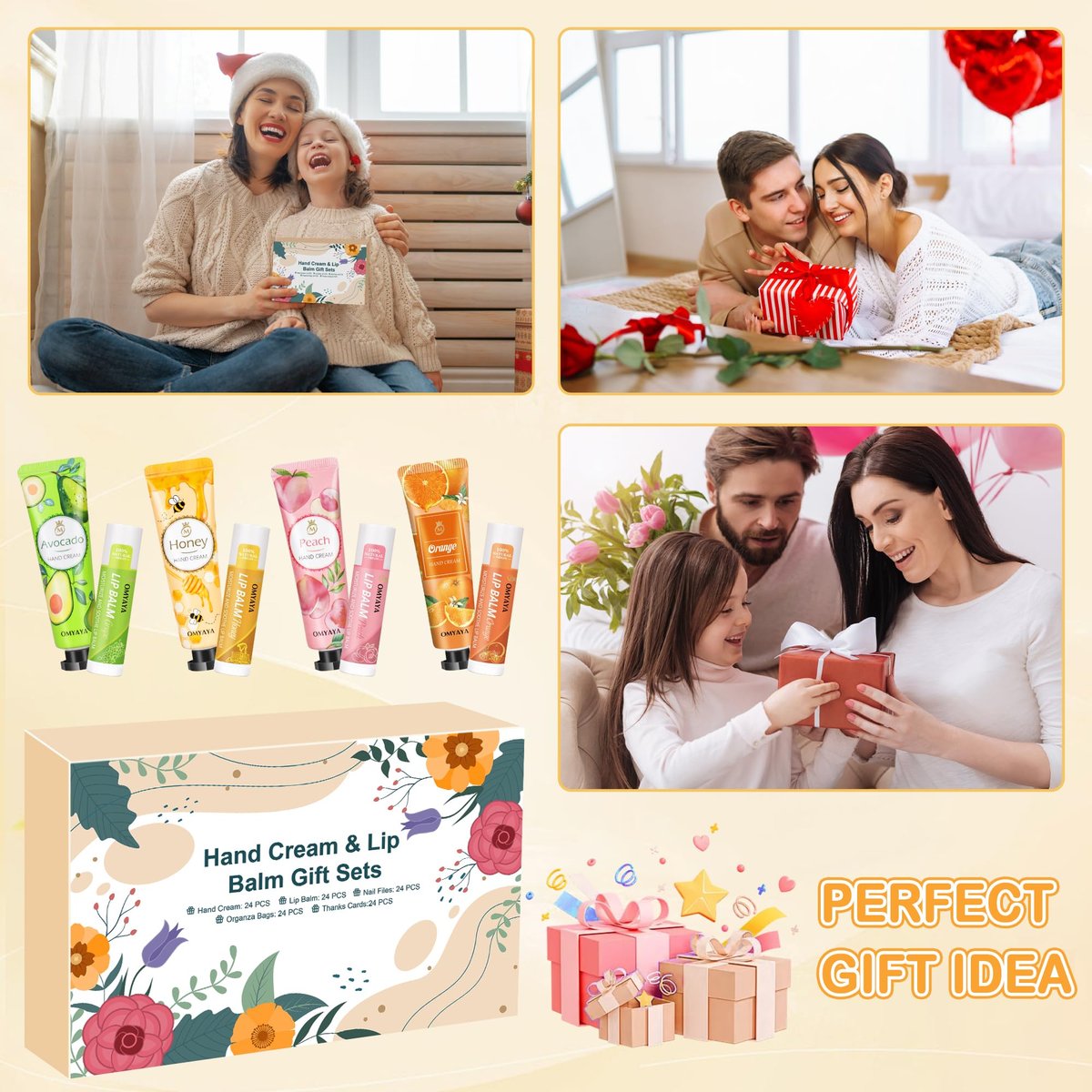 24 Sets Bulk Gifts for Women - Hand Cream, Lip Balm, Mini Nail Files Gift Set with Organza Bags & Thank You Cards - Baby Shower, Bridal, Wedding Favors & Christmas Gifts Avelisse