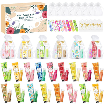 24 Sets Bulk Gifts for Women - Hand Cream, Lip Balm, Mini Nail Files Gift Set with Organza Bags & Thank You Cards - Baby Shower, Bridal, Wedding Favors & Christmas Gifts Avelisse