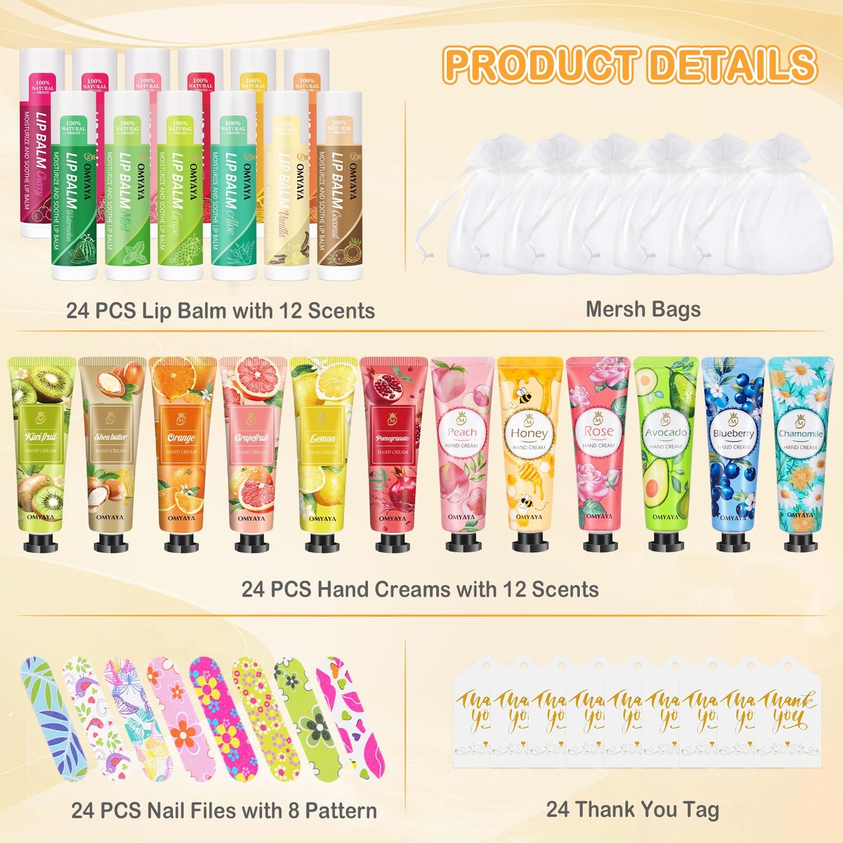 24 Sets Bulk Gifts for Women - Hand Cream, Lip Balm, Mini Nail Files Gift Set with Organza Bags & Thank You Cards - Baby Shower, Bridal, Wedding Favors & Christmas Gifts Avelisse