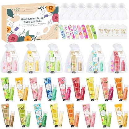 24 Sets Bulk Gifts for Women - Hand Cream, Lip Balm, Mini Nail Files Gift Set with Organza Bags & Thank You Cards - Baby Shower, Bridal, Wedding Favors & Christmas Gifts Avelisse