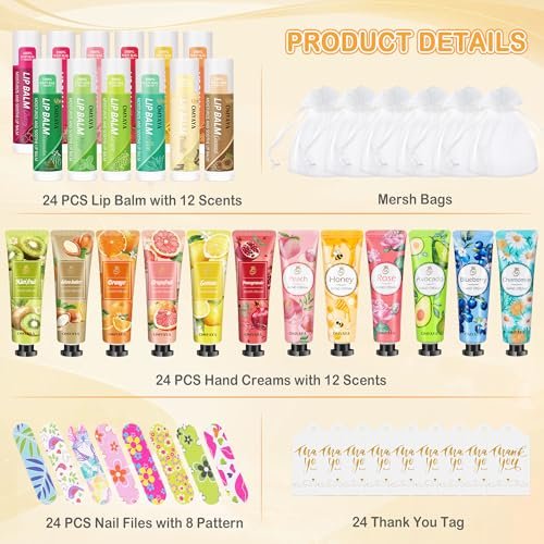 24 Sets Bulk Gifts for Women - Hand Cream, Lip Balm, Mini Nail Files Gift Set with Organza Bags & Thank You Cards - Baby Shower, Bridal, Wedding Favors & Christmas Gifts Avelisse
