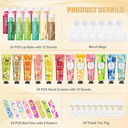 24 Sets Bulk Gifts for Women - Hand Cream, Lip Balm, Mini Nail Files Gift Set with Organza Bags & Thank You Cards - Baby Shower, Bridal, Wedding Favors & Christmas Gifts Avelisse