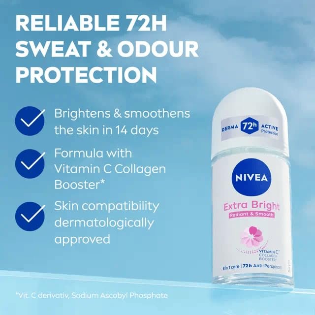 NIVEA Extra Bright 8 Super Food Vitamin C Collagen Booster Underarm Roll-On Deodorant, Alcohol-Free, 72HR Odor Protection, Smooth & Bright Skin, 50ml (Pack of 3) - görsel 7