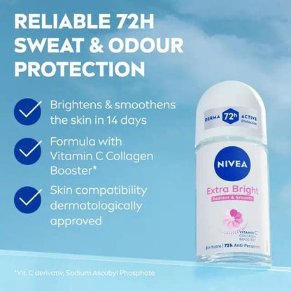 NIVEA Extra Bright 8 Super Food Vitamin C Collagen Booster Underarm Roll-On Deodorant, Alcohol-Free, 72HR Odor Protection, Smooth & Bright Skin, 50ml (Pack of 3)
