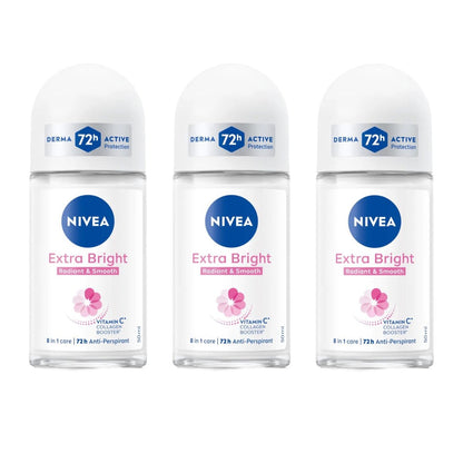 NIVEA Extra Bright 8 Super Food Vitamin C Collagen Booster Underarm Roll-On Deodorant, Alcohol-Free, 72HR Odor Protection, Smooth & Bright Skin, 50ml (Pack of 3)