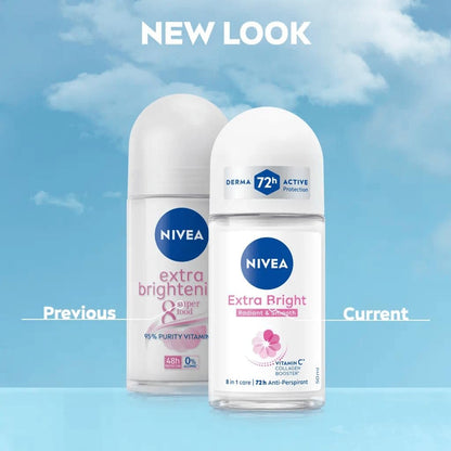 NIVEA Extra Bright 8 Super Food Vitamin C Collagen Booster Underarm Roll-On Deodorant, Alcohol-Free, 72HR Odor Protection, Smooth & Bright Skin, 50ml (Pack of 3)