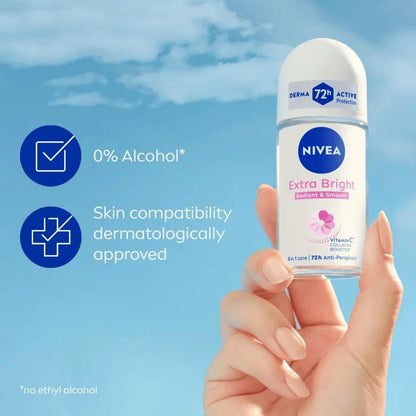 NIVEA Extra Bright 8 Super Food Vitamin C Collagen Booster Underarm Roll-On Deodorant, Alcohol-Free, 72HR Odor Protection, Smooth & Bright Skin, 50ml (Pack of 3)