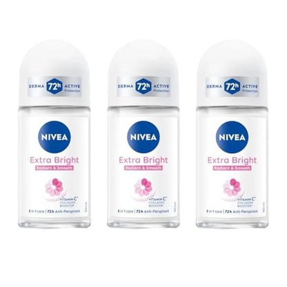 NIVEA Extra Bright 8 Super Food Vitamin C Collagen Booster Underarm Roll-On Deodorant, Alcohol-Free, 72HR Odor Protection, Smooth & Bright Skin, 50ml (Pack of 3)