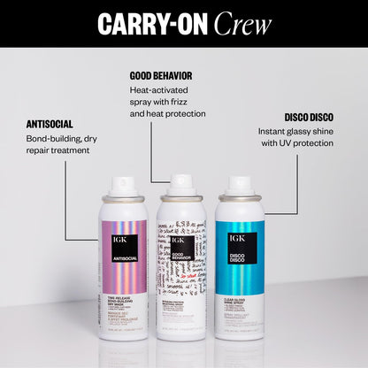 IGK Must Have Travel Kit Holiday 2025 – TSA Approved Travel Size Hair Essentials: Smoothing Spray, Shine Spray & Dry Hair Mask Avelisse