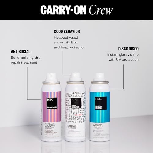 IGK Must Have Travel Kit Holiday 2025 – TSA Approved Travel Size Hair Essentials: Smoothing Spray, Shine Spray & Dry Hair Mask Avelisse