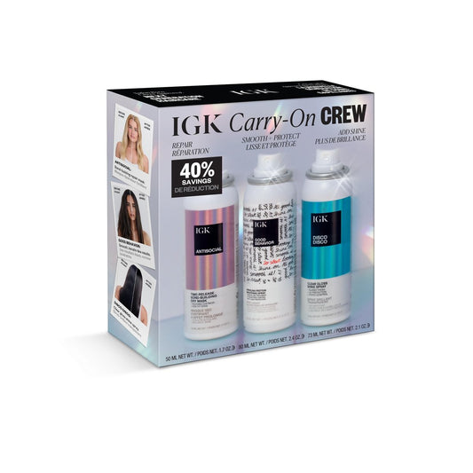 IGK Must Have Travel Kit Holiday 2025 – TSA Approved Travel Size Hair Essentials: Smoothing Spray, Shine Spray & Dry Hair Mask Avelisse