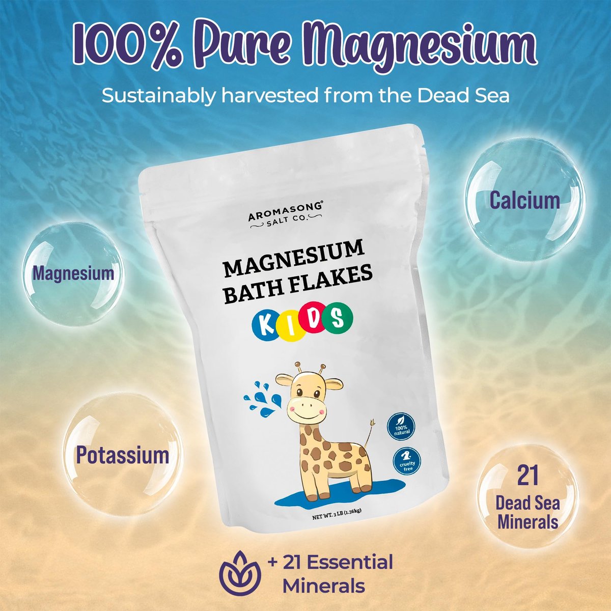 Aromasong Magnesium Flakes for Kids Bath – 3 LB Resealable Bag | Pure Dead Sea Salt Bath Flakes for Kids, Toddlers & Babies | Gentle Calming Epsom Salt Alternative | Soothing Bedtime Detox Soak Avelisse