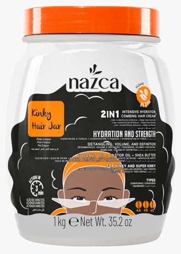 NAZCA Super Curls Hair Jar 2-in-1 Hair Cream for Coily Hair 4A 4B 4C - Cream to Comb, Intensive Hydration, Volume & Definition - Coconut Oil, Castor Oil, Shea Butter - Vegan, 1kg / 35.2oz