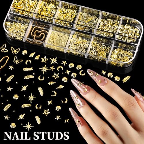 FANDAMEI Gold Nail Gems - 3D Star Nail Charms, Flatback Pearls & Metallic Nail Art Studs in Mixed Sizes - görsel 8