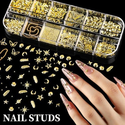 FANDAMEI Gold Nail Gems - 3D Star Nail Charms, Flatback Pearls & Metallic Nail Art Studs in Mixed Sizes