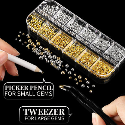 FANDAMEI Gold Nail Gems - 3D Star Nail Charms, Flatback Pearls & Metallic Nail Art Studs in Mixed Sizes
