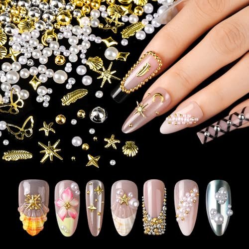 FANDAMEI Gold Nail Gems - 3D Star Nail Charms, Flatback Pearls & Metallic Nail Art Studs in Mixed Sizes - görsel 10