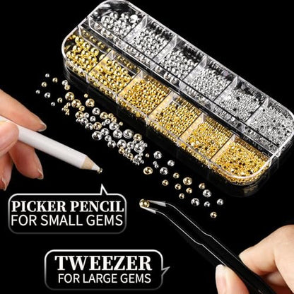 FANDAMEI Gold Nail Gems - 3D Star Nail Charms, Flatback Pearls & Metallic Nail Art Studs in Mixed Sizes