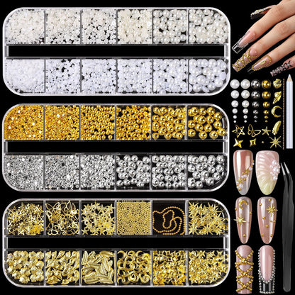 FANDAMEI Gold Nail Gems - 3D Star Nail Charms, Flatback Pearls & Metallic Nail Art Studs in Mixed Sizes