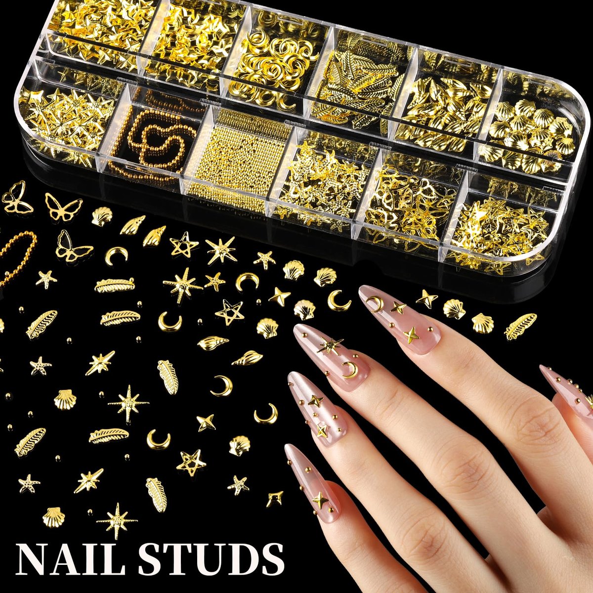 FANDAMEI Gold Nail Gems - 3D Star Nail Charms, Flatback Pearls & Metallic Nail Art Studs in Mixed Sizes - görsel 7