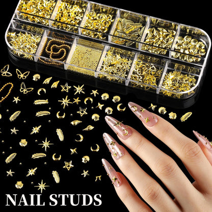 FANDAMEI Gold Nail Gems - 3D Star Nail Charms, Flatback Pearls & Metallic Nail Art Studs in Mixed Sizes